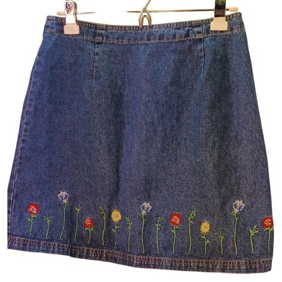 Vintage Route 66 Denim Mini Skirt with Floral Embroidery Size Small - Picture 3 of 7